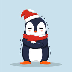 Cute Penguin In Red Scarf Feeling Cold Illustration