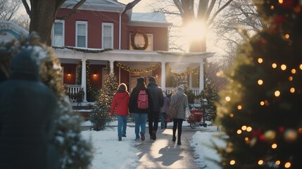  charming winter street scene, capturing the joy of the holiday season with decorated houses, a lit Christmas tree, and people enjoying the festive atmosphere.