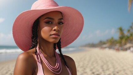 portrait of a young black woman in a summer hat on the beach