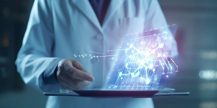 Medicine Doctor Holding Electronic Medical Record On Tablet. DNA. Digital Healthcare And Network Connection On Hologram Virtual  Interface, Science And Innovative, Medical Technology And,Generative AI