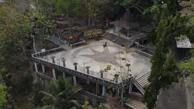 Aerial view of the courtyard before entering the Gong cave entrance in Pacitan, Indonesia.