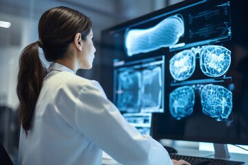 Side view of female radiologist looking at the MRI image of the head on her monitor and analysing it - obrazy, fototapety, plakaty