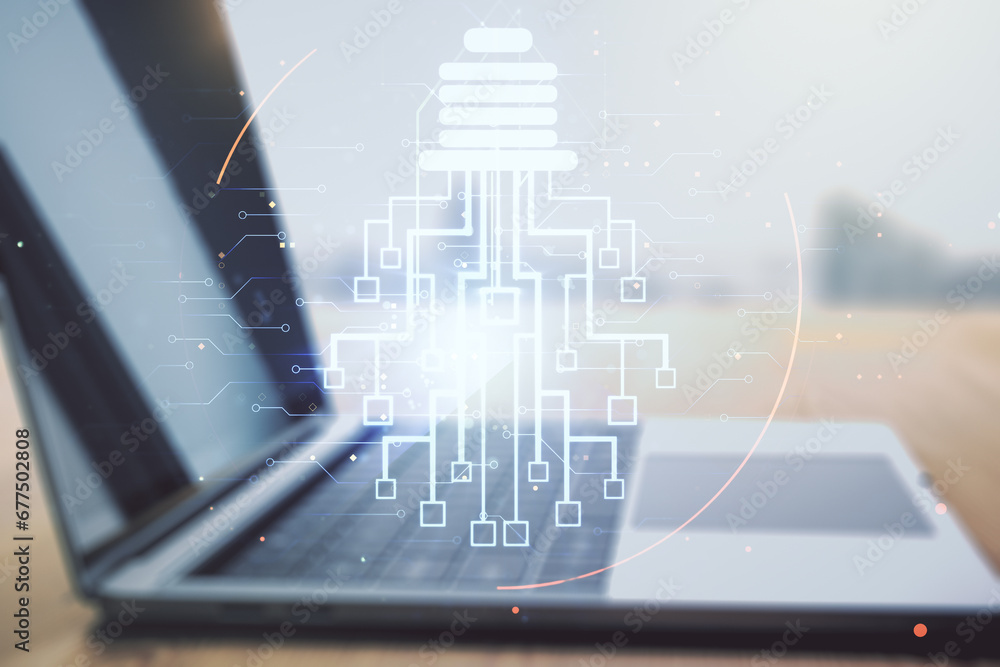 Poster creative light bulb with chip hologram on modern laptop background, artificial intelligence and neur