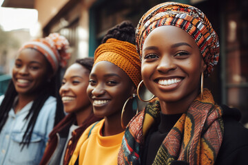 Side View Portrait of African girl friends group, gen z fashion and women stand together in urban community streets, Black girls trendy, edgy and support international modern street hipster designer - obrazy, fototapety, plakaty