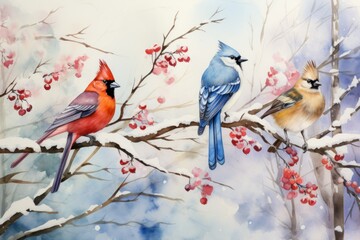 Winter Birds: Photograph birds such as cardinals, chickadees, and blue jays against a snowy backdrop. - Generative AI