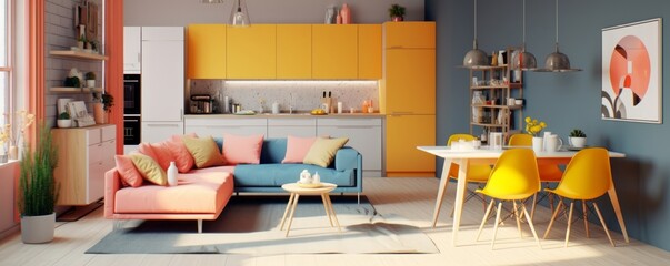 Playful interior design of studio apartment, modern living room and kitchen. Created with generative AI, Generative AI