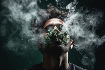 Smoke, cloud and face of man with pollution for marijuana smoker health campaign with zoom, Cannabis, weed and cbd addiction model for smoking habit lifestyle advertising in black studio
