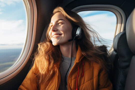 Smiling young woman looking at view while sitting in glider airplane
