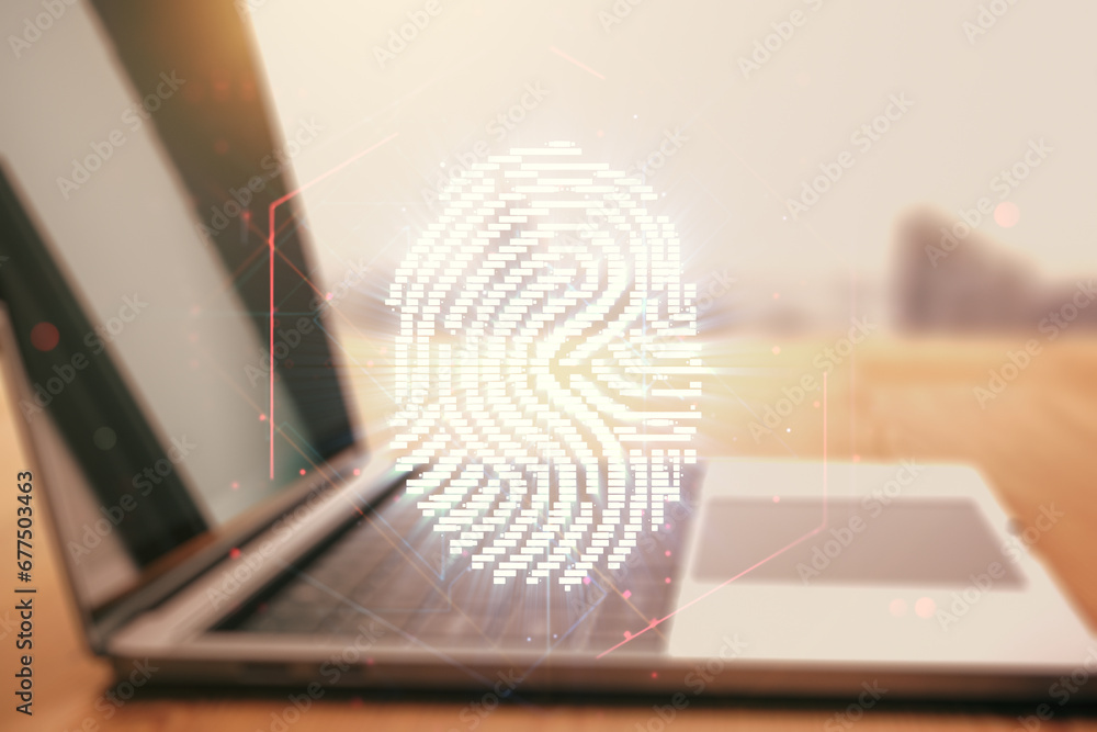 Aufkleber Multi exposure of abstract fingerprint scan interface on computer background, digital access concept