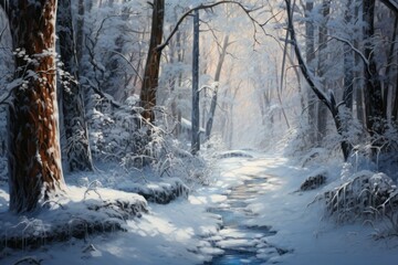 Fototapeta na wymiar Snowy Forest Paths: Explore and photograph forest trails covered in snow, inviting viewers to imagine where the path leads. - Generative AI