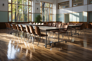 Empty conference room with wooden floor and rows of chairs. ia generated