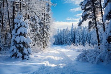 Fototapeta premium Snowy Forest Paths: Explore and photograph forest trails covered in snow, inviting viewers to imagine where the path leads. - Generative AI