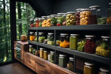 Jars with different kinds of spices and herbs on shelves in the pantry. ia generated - obrazy, fototapety, plakaty