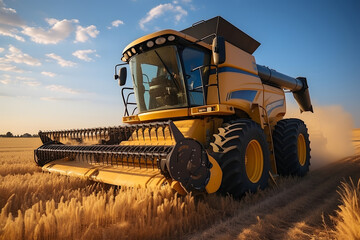 Fototapeta premium Combine harvester working on a wheat field at sunset. ia generated