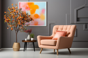 modern living room with armchair and flower vase, 3d render. ia generated