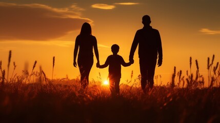 A Family silhouette with mother, father and child having fun outdoors enjoying time together - Happy family walking in the meadow at sunset. family background concept