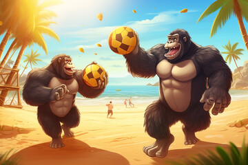 gorillas playing volleyball on the beach - obrazy, fototapety, plakaty