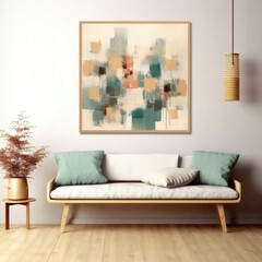 Art poster frame on white wall above gray bench in mid-century interior design of modern living room. Generative AI