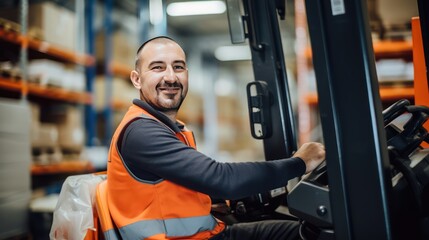 A Portrait of a professional industrial worker driving a forklift, a team of quality control staff storing goods, shelving, Warehouse Workshop for factory workers, quality control engineers.