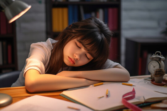 Tired girl sleeping at her desk