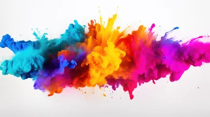Fotobehang Paint Holi, colorful rainbow Holi paint splashes on isolated white background, explosion of colored powder. abstract background. © Phoophinyo