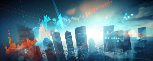 Trading and real estate investing concept with graph data and digital stock market, Financial and banking on business skyscrapers background, Generative AI