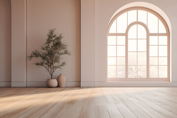 Empty wooden floor room, arched window and natural tree, in the style of soft, muted color palette