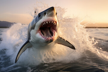 A magnificent great white shark showcasing its power with an open mouth in the deep blue sea. AI Generative predator.