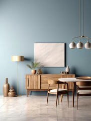 Interior design of modern dining room or living room, marble table and chairs. Wooden sideboard over blue wall. Home interior. 3d rendering, Generative AI