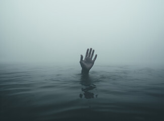 A drowning hand in the water asking for help - obrazy, fototapety, plakaty
