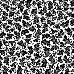 Elegant leaves silhouettes in black and white, vintage wallpaper, seamless pattern, vector