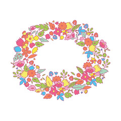 Colorful childish flowers bouquet round frame, printable template for a card, vector
