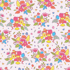 Colorful cute cartoon flower bouquets seamless pattern on polka dot, vector - 677504893