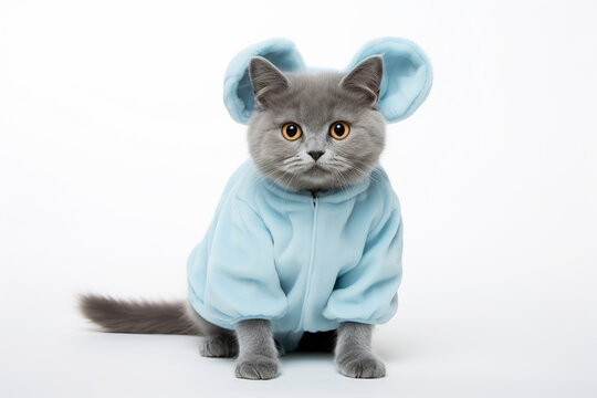 This cat's winter attire is both charming and stylish, showcased beautifully on a white backdrop.