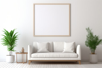 Minimalist sophistication A living room with natural charm, gold accents, and a serene white sofa is AI Generative.