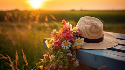 Straw hat and bouquet of wild flowers on a wooden bench in field at sunset on a summer evening.