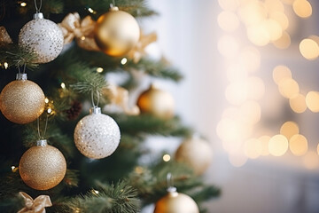 Christmas tree with beautiful decor indoors, closeup, Space for text