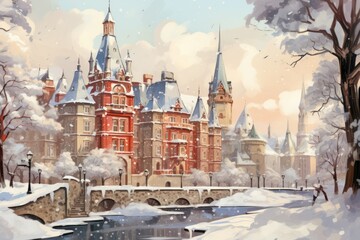 Obraz premium Snow-Covered Architecture: Iconic buildings and historic landmarks blanketed in snow can make for striking images. - Generative AI