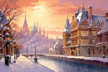 Obraz premium Snow-Covered Architecture: Iconic buildings and historic landmarks blanketed in snow can make for striking images. - Generative AI