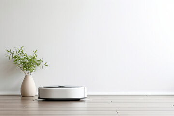 Experience the future of clean living with a robotic vacuum on your laminate floor. Innovative technology meets modern design is AI Generative. - obrazy, fototapety, plakaty