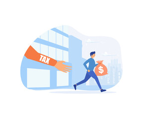tax burden. Businessman running away from tax for tax, flat vector modern illustration 