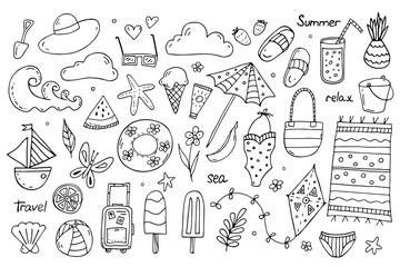 Summer time doodles set. Collection of things, accessories, foods for relaxing and traveling on the beach. Hand drawn vector illustration