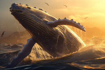 A majestic humpback whale breaches the water's surface in an awe-inspiring display of power and grace. AI Generative. - obrazy, fototapety, plakaty