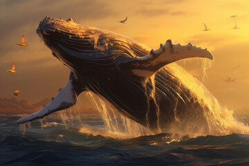 An iconic humpback whale breaching in the blue waters, a testament to the majestic power of marine life. AI Generative. - obrazy, fototapety, plakaty