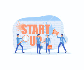 Business startup. Search money, contracting, promotion. Man with a magnifier, two people shake hands, a man with a loudspeaker, flat vector modern illustration 