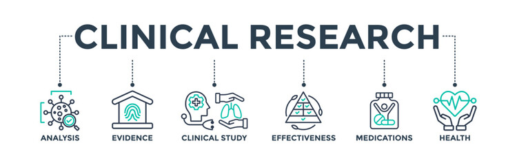 Clinical research banner web icon vector illustration concept with the icon of analysis, evidence, clinical study, effectiveness, medications, and health