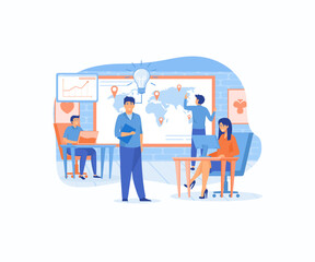 Business startup. A group of people  are thinking over an idea. prepare a business project start up. rise of the career to success, flat vector modern illustration 