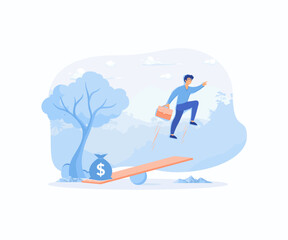 Business startup.  Businessman flying up and a bag full of money,  flat vector modern illustration 