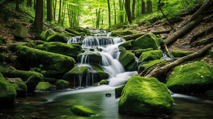 Picturesque waterfall in the forest, wildlife beauty monitor wallpaper. Clear water pouring over rapids and stones of the forest, green trees. - obrazy, fototapety, plakaty