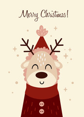 Christmas card with Christmas deer. Merry Christmas Greeting card in cartoon flat style
